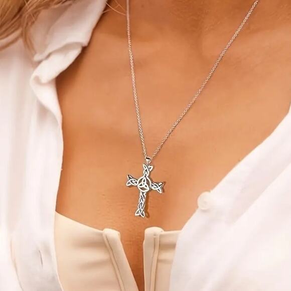 Silver Celtic Cross Necklace Hollow Christian Faith Christmas Birthday Gift NEW! - Picture 2 of 6